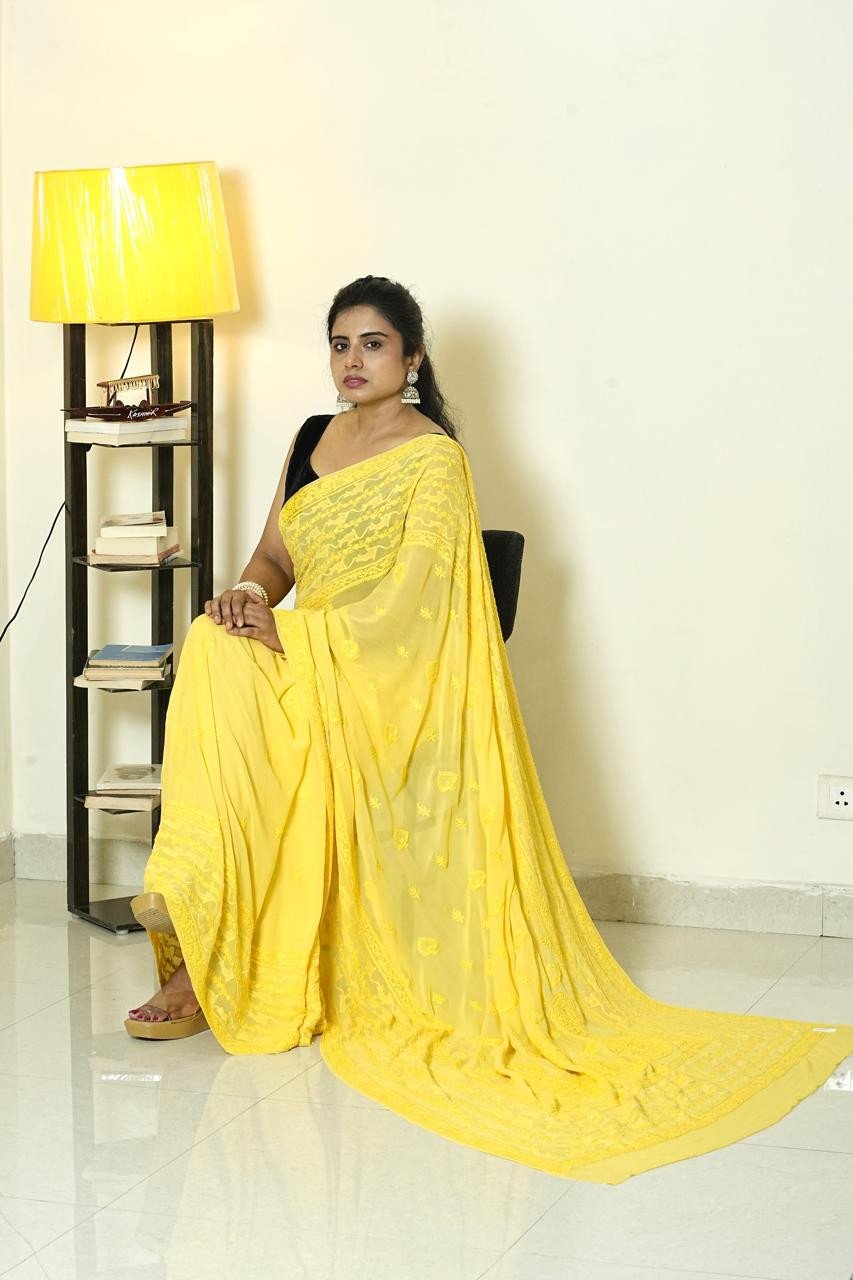 Pure Viscose Rayon Yellow Chikankari Saree with Mukaish work