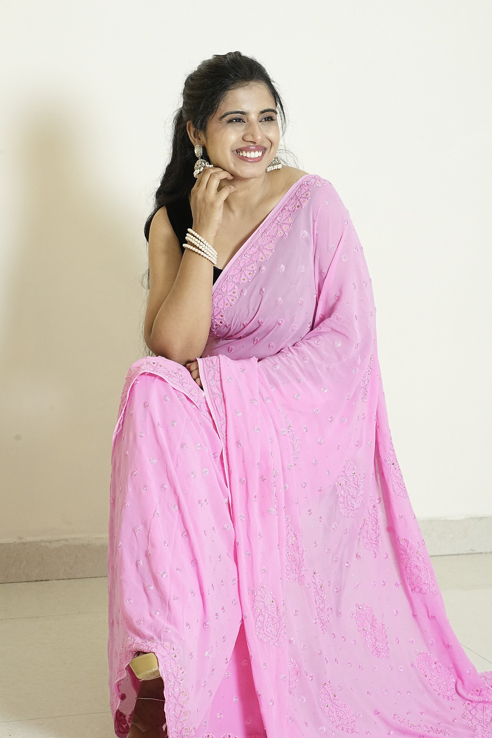 Pure Georgette Pink Saree with Mukaish Work Full Jaal work