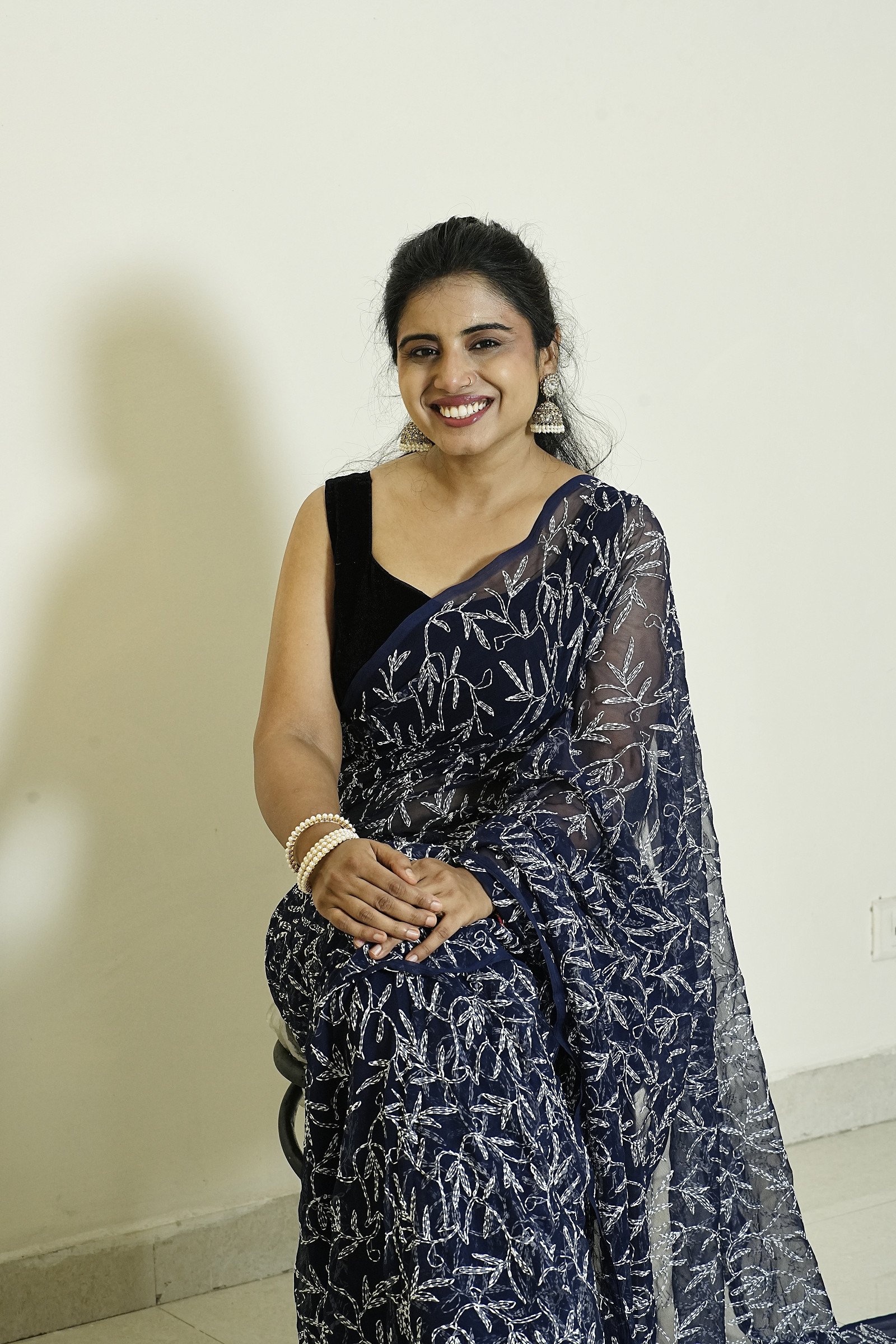 Georgette Navy Blue Chikankari saree with Tipechi work