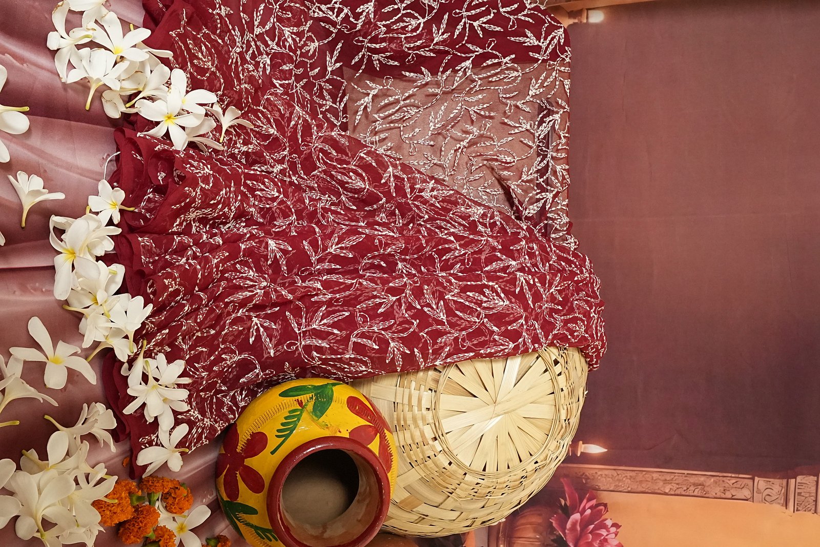 Georgette Cherry Red Chikankari saree with Tipechi work