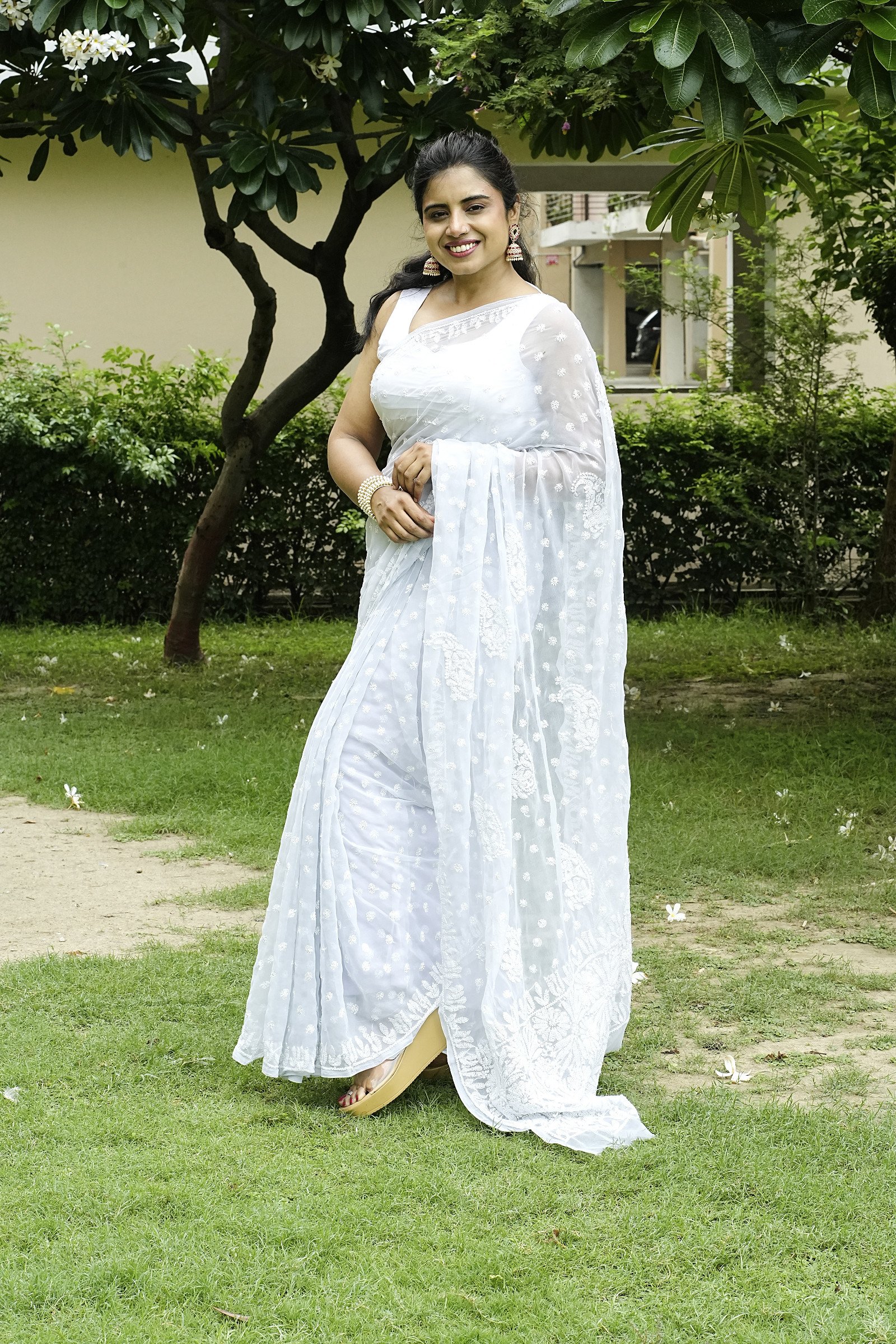 Georgette  grey, Multicolor sky blue  Chikankari saree with keel jaree work