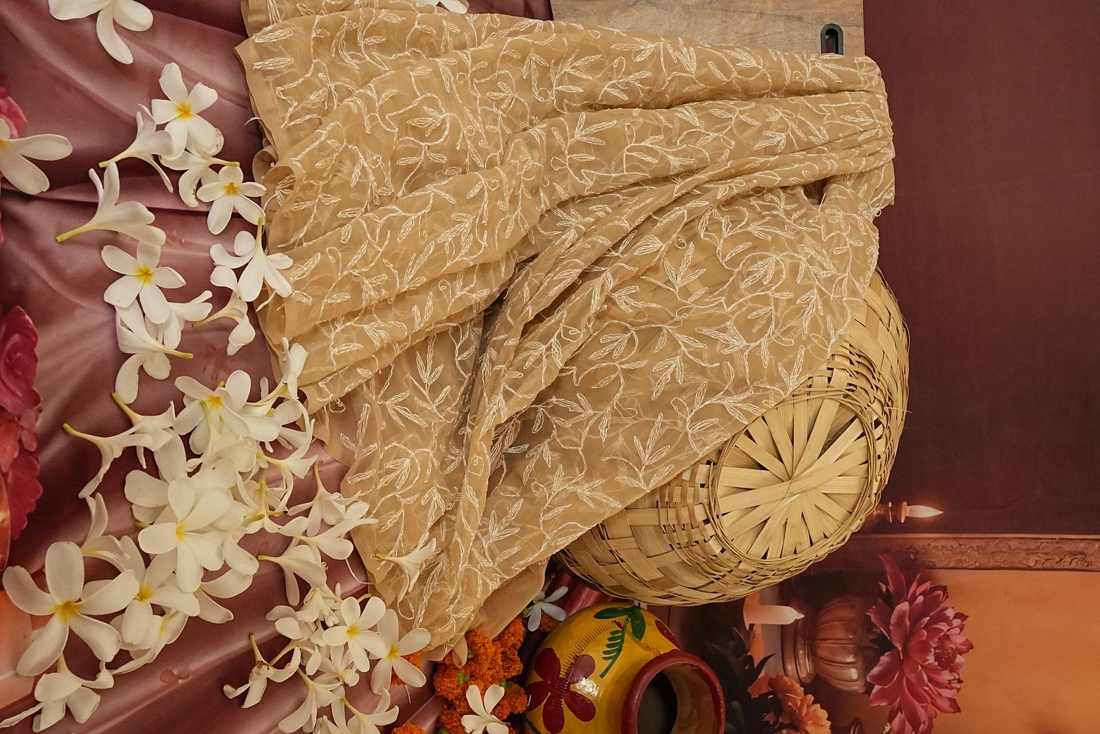 Georgette  Beige Chikankari saree with Tipechi work