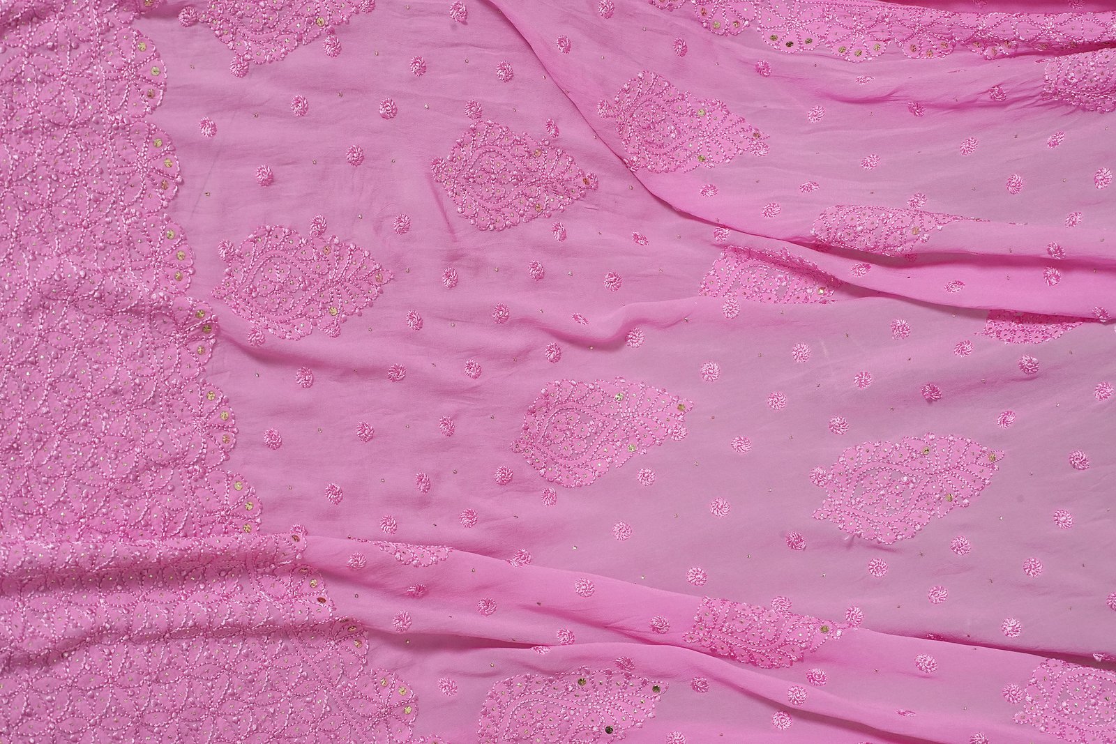 Pure Georgette Pink Saree with Mukaish Work Full Jaal work